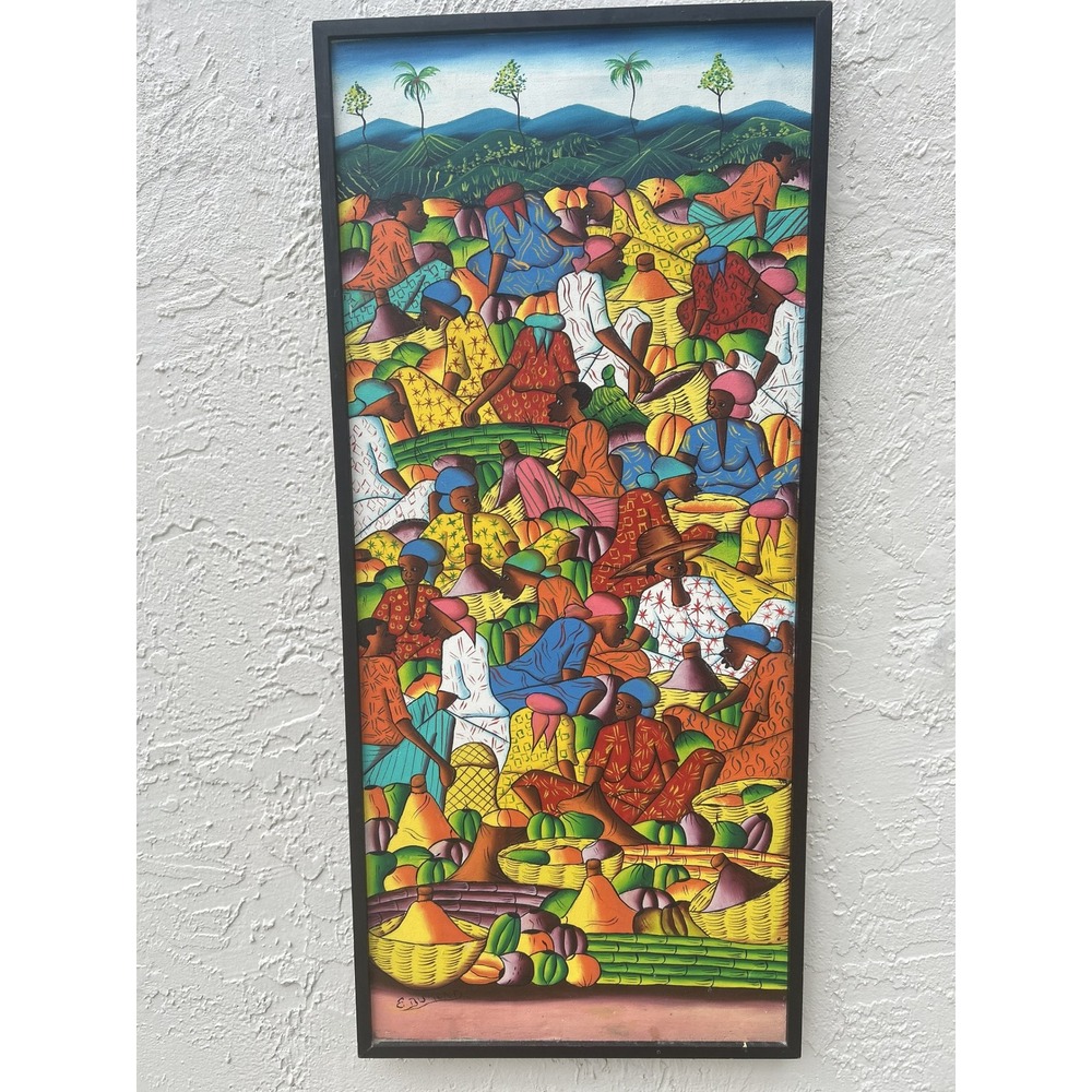 Haitian Folk Art Market Scene Oil Painting Signed Framed Colorful Wall Decor